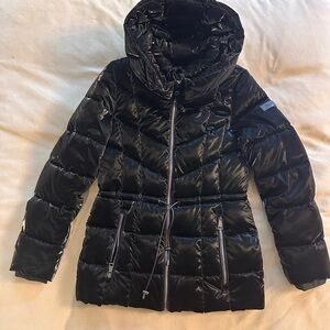 DKNY Shiny Black Quilted Puffer Jacket with High Collar